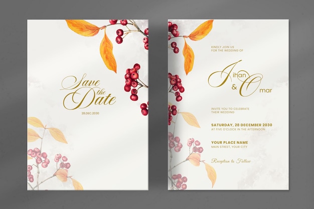 Modern Wedding Invitation with Realistic Leaves