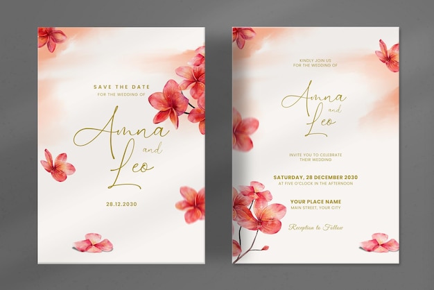 Modern wedding invitation with red flower watercolour