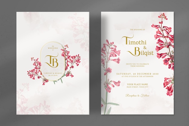 Modern Wedding Invitation with Red Flowers