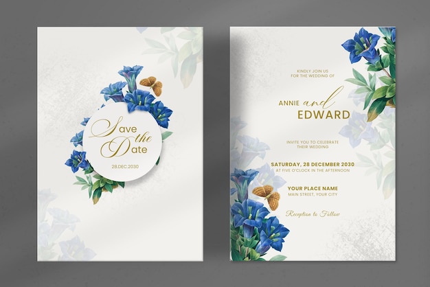 Modern Wedding Invitation with Vintage Blue Flower