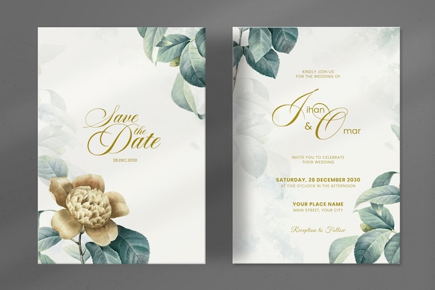 Modern Wedding Invitation with Vintage Leaves Ornament