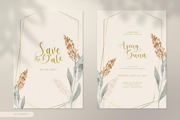 Modern wedding invitation with Vintage Watercolour Flower