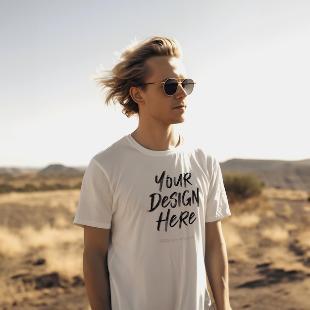 Modern White TShirt PSD Mockup with a Blond hair Man Model in Outdoor Setting