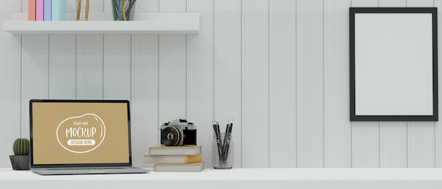 PSD modern workspace with laptop, stationery, camera and decorations on the desk in white plank wall room, 3d rendering, 3d illustration