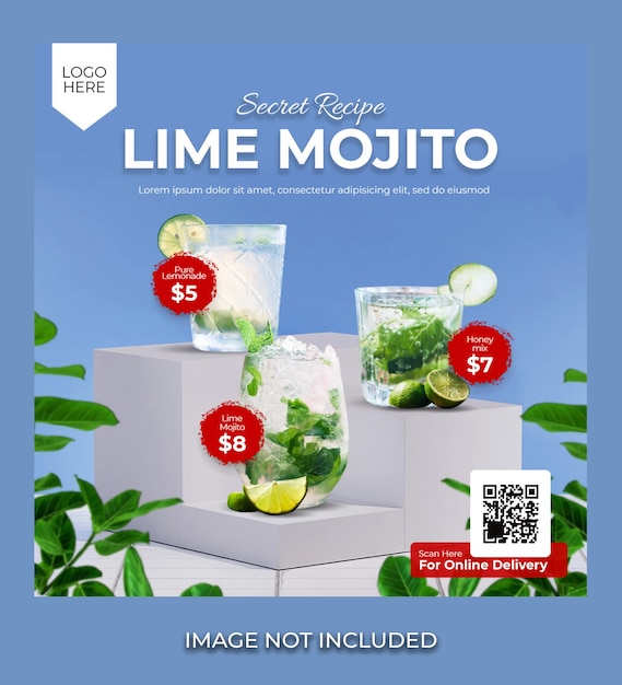 Mojito drink menu template for landing page banner