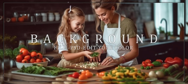 PSD mom and daughter cooking together in the kitchen