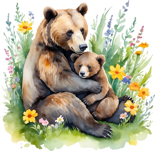 Momma bear cuddling her cub on a bed of wildflowers Mothers Day clipart