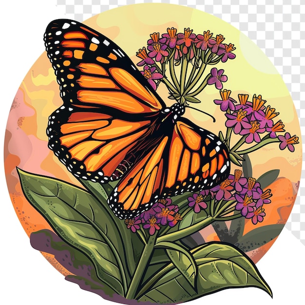 Monarch Butterfly on Milkweed Audubon Style Illustration