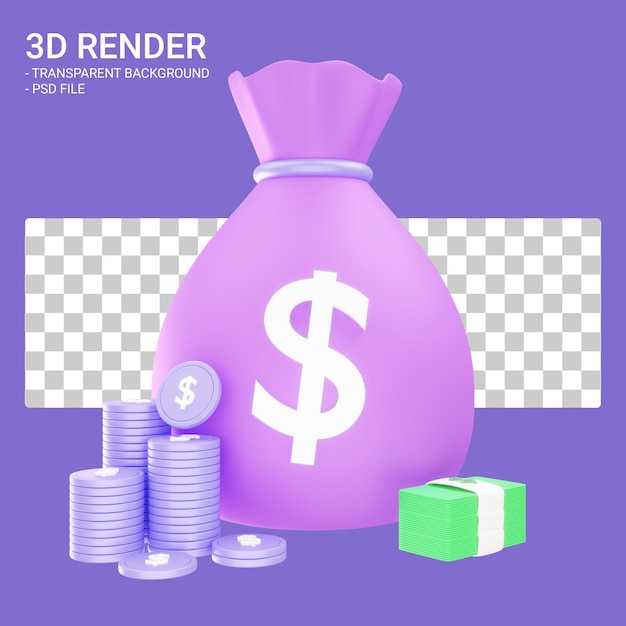 Money bag with coin and  money in 3d rendering