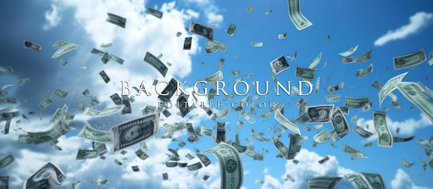 PSD money falling flying from the sky isolated blue clouds background