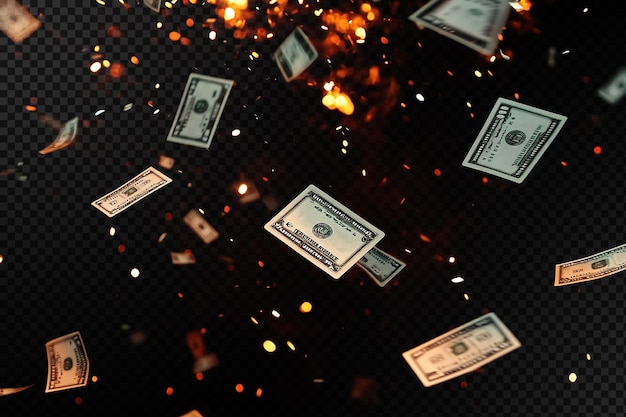 PSD money falling with fire spark isolated in transparent background