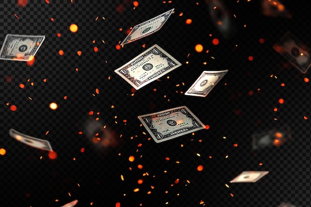 PSD money falling with fire spark isolated in transparent background