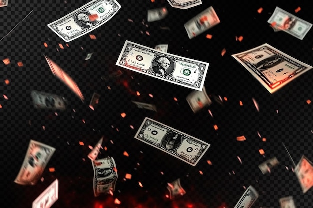 PSD money falling with fire spark isolated in transparent background