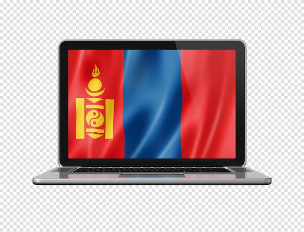 Mongolia flag on laptop screen isolated on white 3D illustration