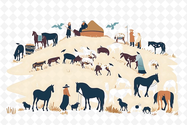 PSD mongolian nomads herding livestock on the steppe design is r illustration cutural landscape view