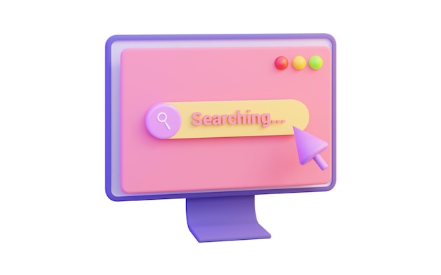 Monitor icon with searching user interface on white background 3d render concept for finding data