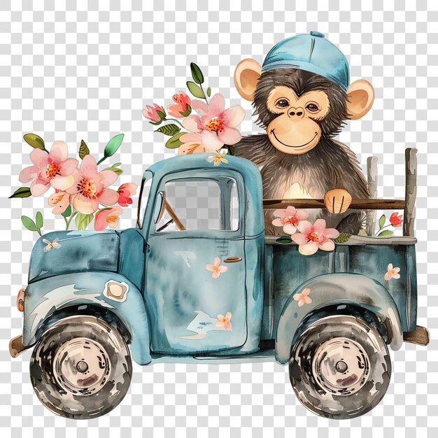 PSD monkey driving a truck with flowers nuresery watercolor