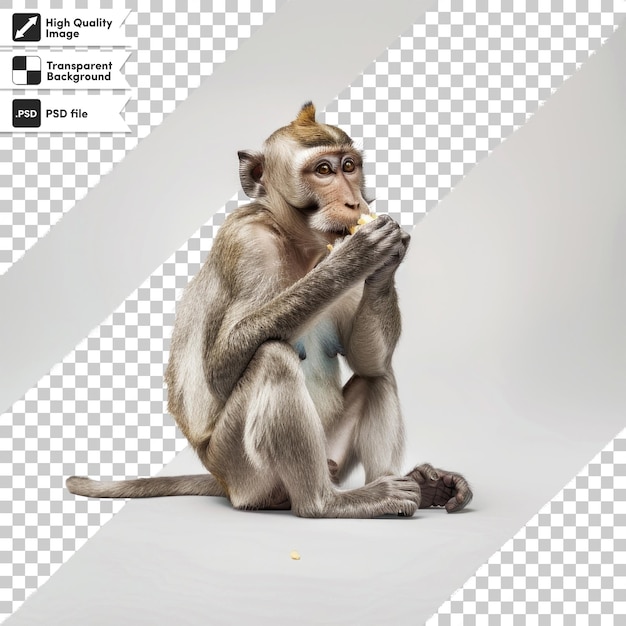 PSD a monkey sits on a white surface and eats a banana