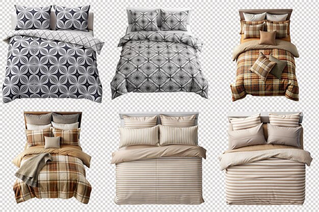 PSD monochrome rustic and scandinavian bedding sets isolated on transparent background for modern homes