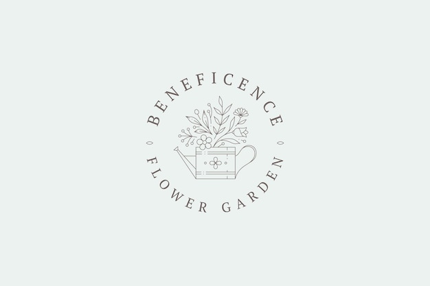 PSD monochrome spring rustic floral bouquet in watering can circle logo place for text