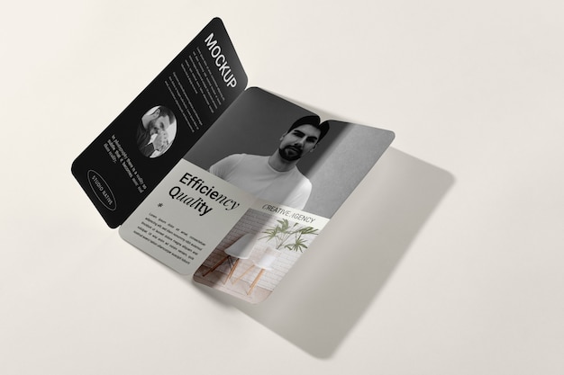 Monochrome trifold business brochure mock-up with shadow