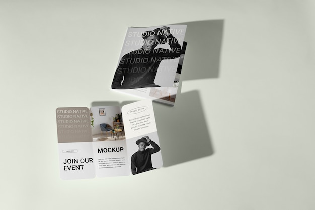 Monochrome trifold business brochure mock-up with shadow