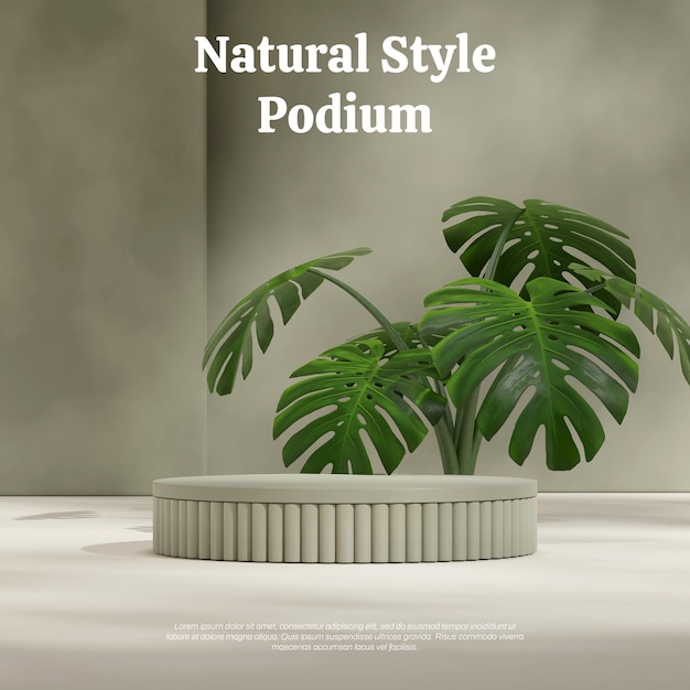 monstera plant and green wall 3D render mockup template green cylinder podium in square