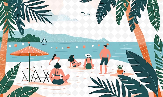 Montenegrin Characters Relaxing on the Beach Design Is Tropi Illustration Cutural Landscape View