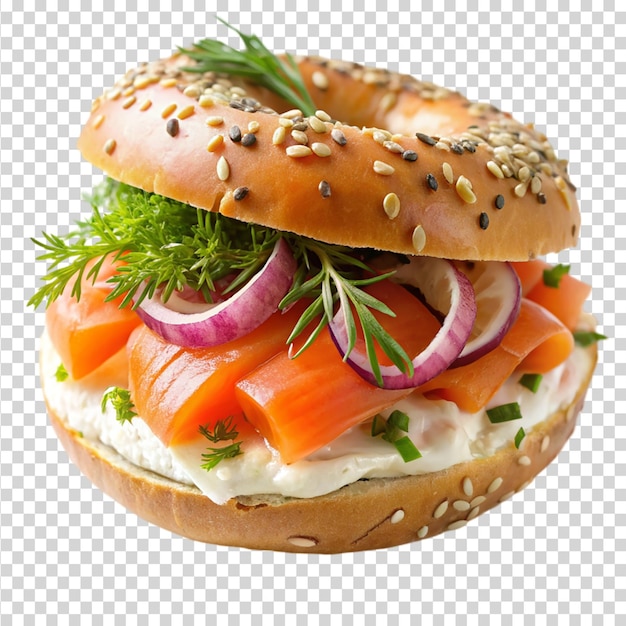 Montreal style bagel with cream cheese and lox isolated on transparent background