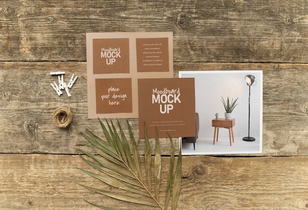 Moodboard mock-up with wood background