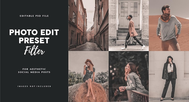 Moody brown photo edit preset filter for travel blogger and content creator, fashion influencer