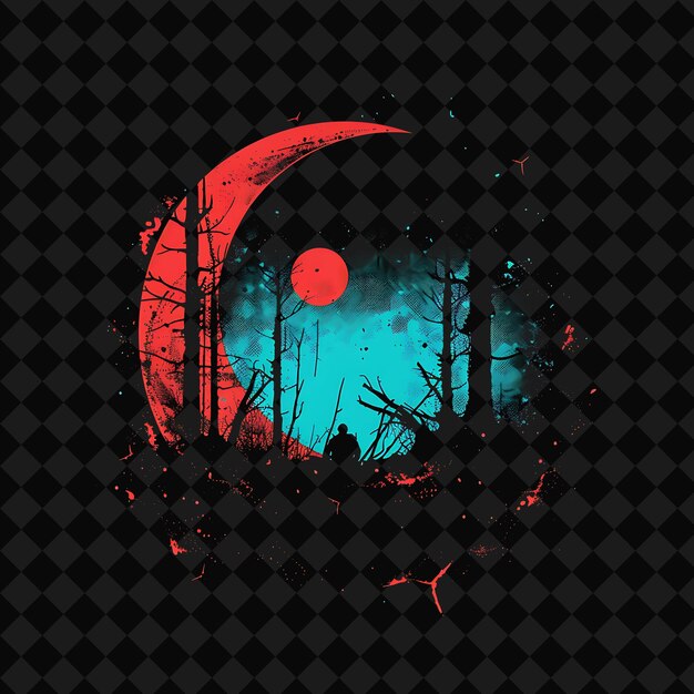 a moon and trees logo on a black background