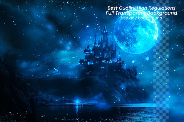 PSD moonlit fortress castle serenity by the lake on transparent background