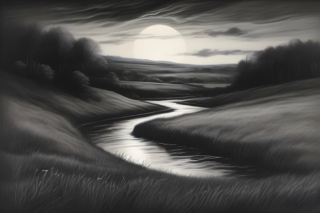 PSD moonlit river meanders through tranquil meadows reflecting starry skies