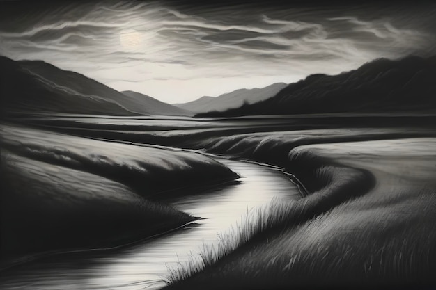 PSD moonlit river meanders through tranquil meadows reflecting starry skies