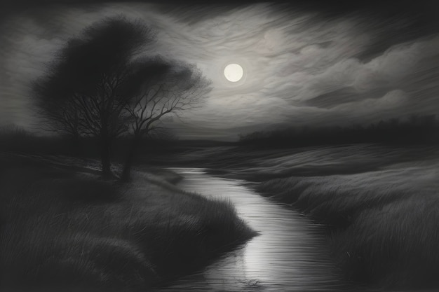 PSD moonlit river meanders through tranquil meadows reflecting starry skies