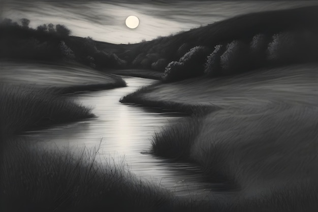 PSD moonlit river meanders through tranquil meadows reflecting starry skies