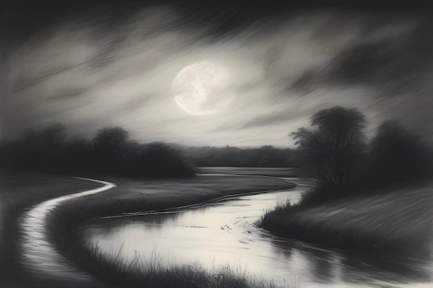 Moonlit river meanders through tranquil meadows reflecting starry skies