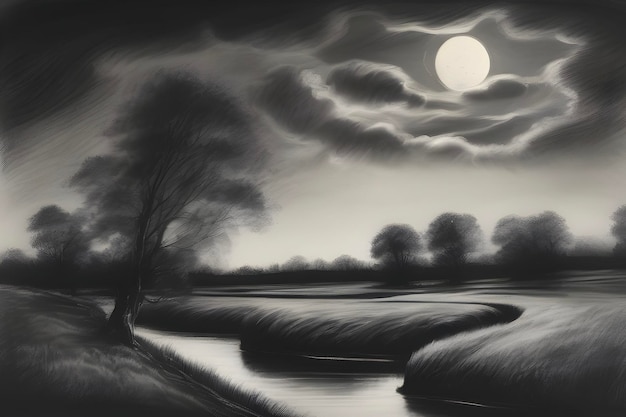 PSD moonlit river meanders through tranquil meadows reflecting starry skies