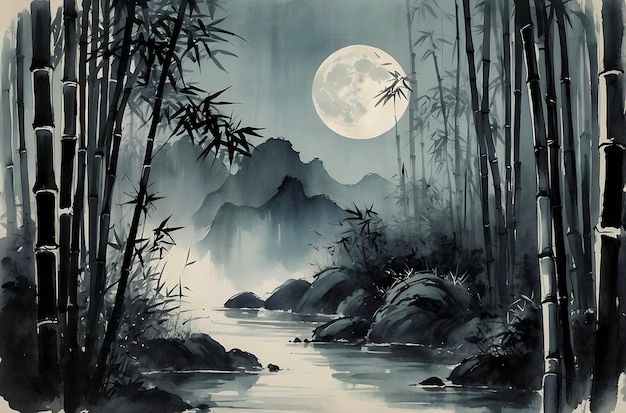 PSD moonlit serenity bamboo forests ethereal night landscape