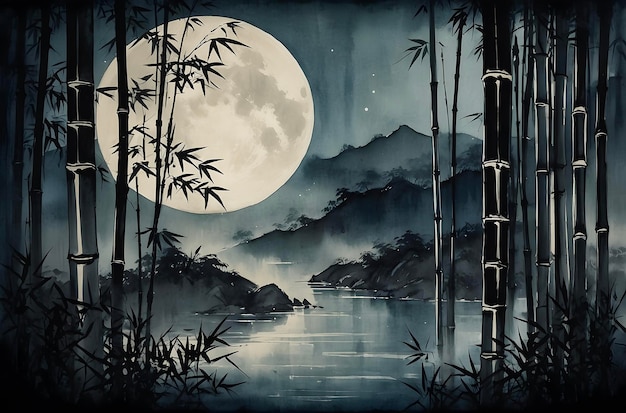 Moonlit Serenity Bamboo Forests Ethereal Night Landscape