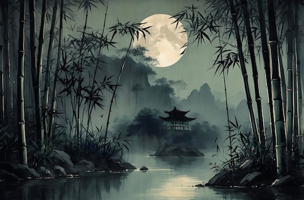 PSD moonlit serenity bamboo forests ethereal night landscape