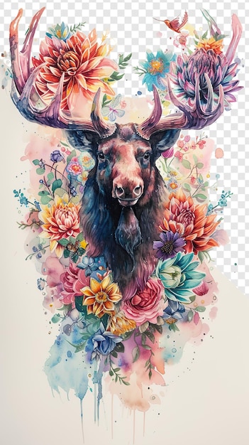 PSD moose shaped watercolor spring flowers painting