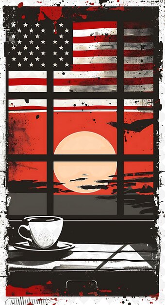 PSD morning event with a sunrise and a coffee shop warm colors a flat illustration poster design