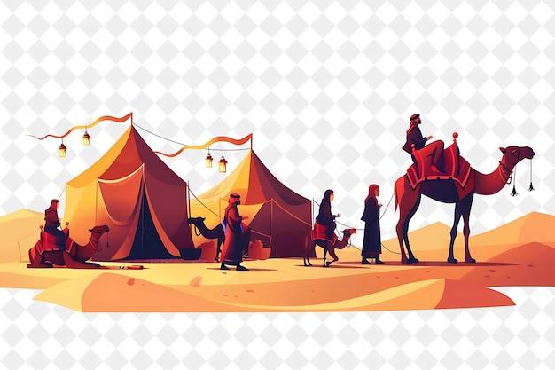 PSD moroccan desert with characters having a camel ride design i people life style flat illustration