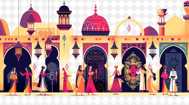 PSD moroccan palace with characters having a belly dance perform people life style flat illustration