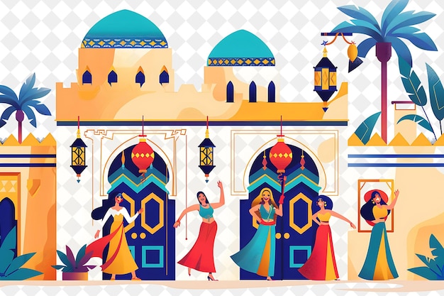 PSD moroccan palace with characters having a belly dance perform people life style flat illustration