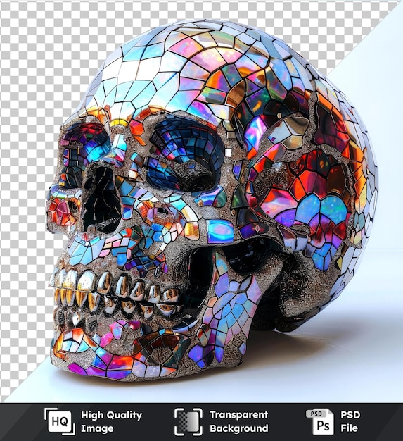 Mosaic mirror tiles on transparent skull reflecting multicolored lights