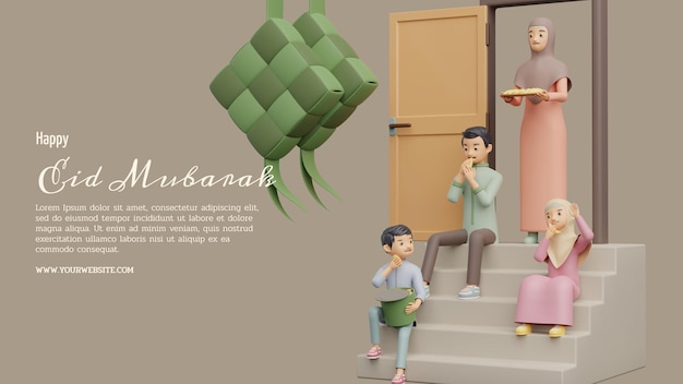 Moslem Family Happy Eid Mubarak 3d Illustration