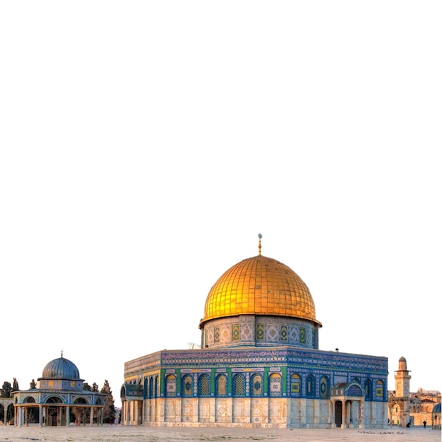 PSD a mosque with a gold dome and a blue and white mosque in the background